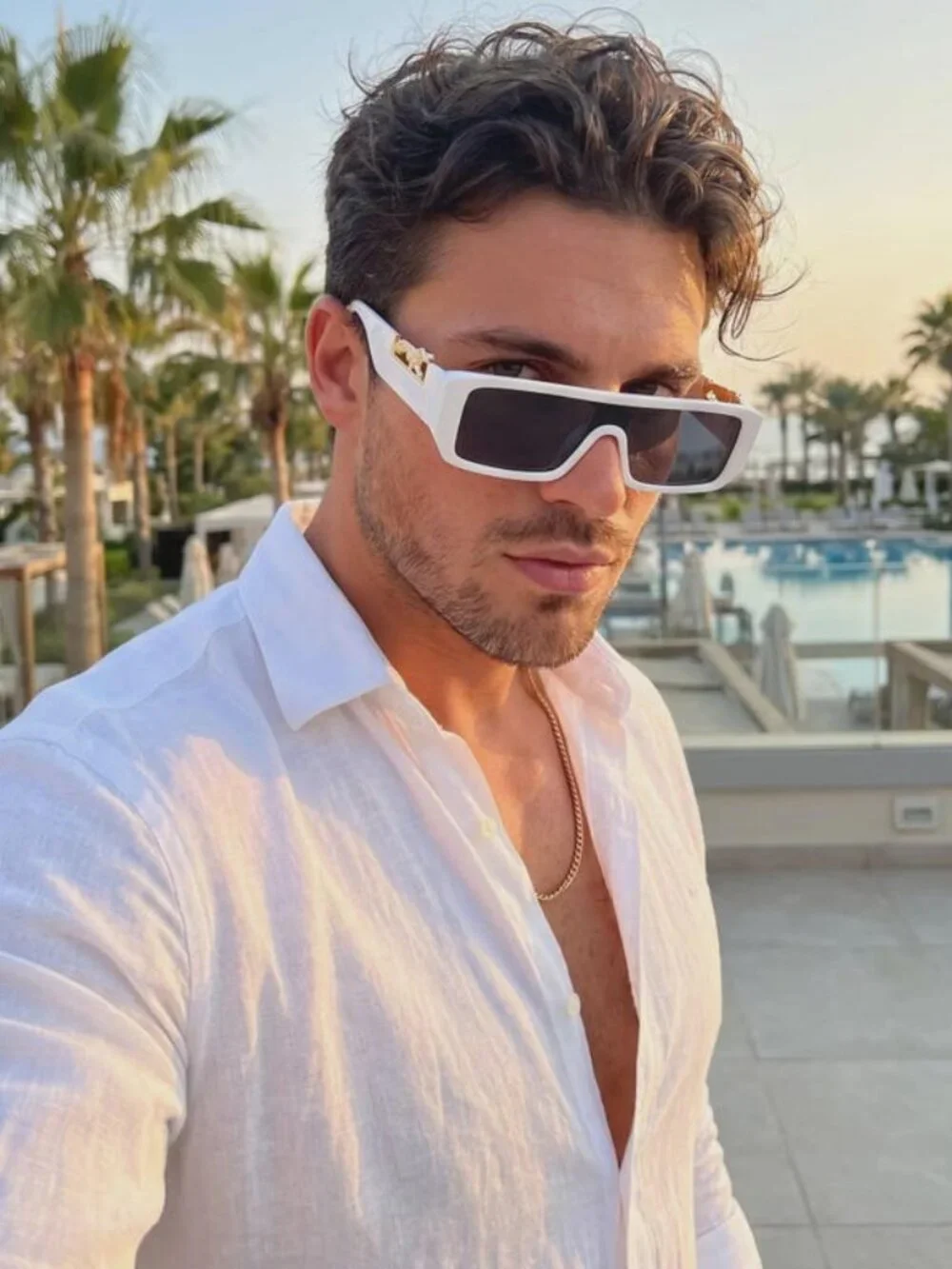 White Leopard Accent Sunglasses - Gold Jaguar Temple Shades